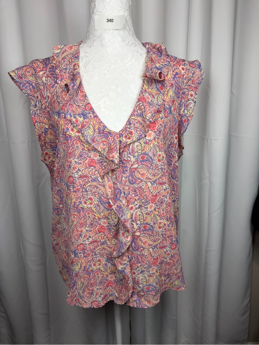 Tahari ASL Large Paisley Floral Ruffle Blouse Sleeveless Boho Career Top